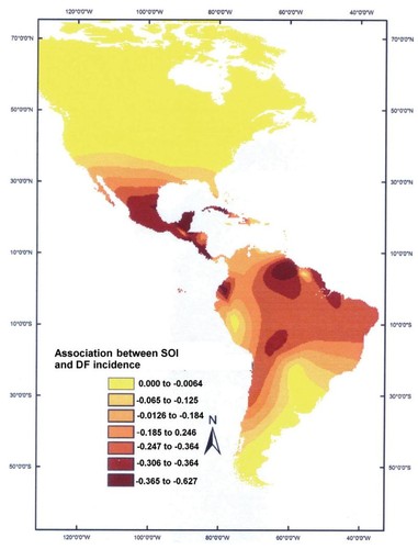 Mapa de asociación entre El Niño y el dengue. Imagen: Geospatial Health.