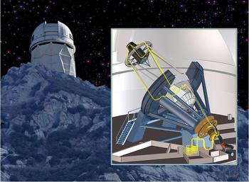 Imagen del espectrógrafo, situado en el suelo, acopado al telescopio Mayall. El recorrido de las fibras ópticas aparece destacado en color amarillo./ Foto: Pete Marenfeld, NOAO/AURA/NSF.