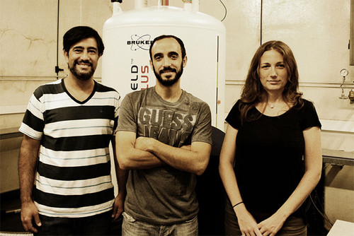 Los doctores Martín Aran, Leonardo Pellizza y Clara Smal, del laboratorio de Resonancia Magnética Nuclear Bioestructural del Instituto Leloir.