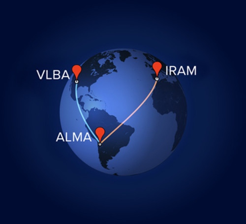 ALMA combinó su poder con los radiotelescopios IRAM y VLBA en observaciones VLBI separadas. Crédito: A. Angelich (NRAO/AUI/NSF) 