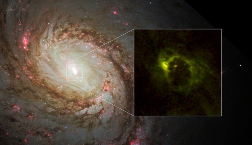 Área central de la galaxia espiral M77. Créditos: ALMA (ESO/NAOJ/NRAO), Imanishi et al., telescopio espacial Hubble NASA/ESA y A. van der Hoeven