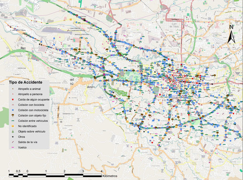 El mapa de los accidentes en San José está basado en un estudio del Cosevi sobre la distribución espacial de accidentes de tránsito con víctimas en este cantón. FOTO: UCR.