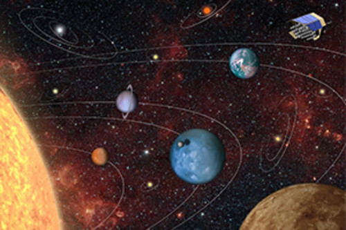 Imagem artística do telescópio espacial PLATO, a observar planetas exóticos, num sistema com gigantes gasosos e planetas semelhantes à Terra. Crédito: DLR (Susanne Pieth).