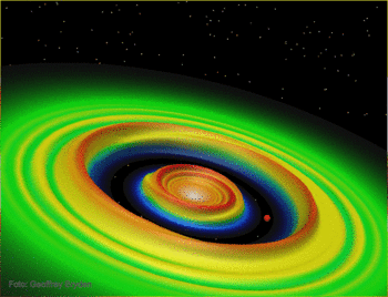 Simulación de la formación de un planeta en el disco protoplanetario, donde puede observarse el surco de material evacuado por el planeta en formación.