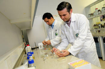 Max Chavarría y Erick Castellón hacen pruebas de laboratorio con el dispositivo electroóptico. Foto Anel Kenjekeeva, 