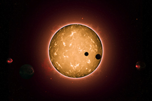 Imagem artística do sistema Kepler-444, com os seus cinco planetas do tipo terrestre, dois dos quais em trânsito. (Foto: Tiago Campante/Peter Devine)