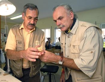 A la derecha, Edualdh Carbonell, junto a José María Bermúdez, dos de los autores del artículo, contemplando una de las piezas encontradas.