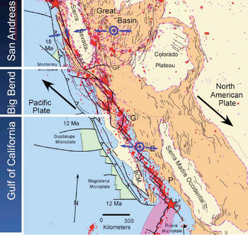 Mapa que representa las placas tectónicas que afectan a Baja Califirnia (Imagen: CICESE).