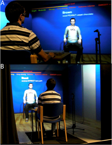 Participante del experimento en la cueva de realidad virtual.  Foto: University College de Londres (UCL).
