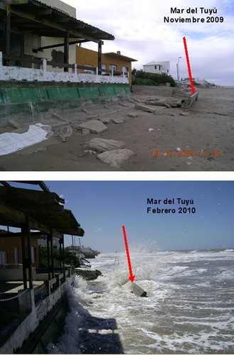En este clásico esquema de fotos “antes y después” se observa cómo la destrucción de dunas le quita a las playas su fuente principal de arena. Créditos: Gentileza del doctor Jorge Codignotto.