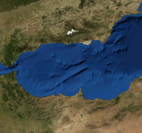 Mar de Alborán. Imagen: Serg!o/Satellite pictures, from NASA World Wind Globe.