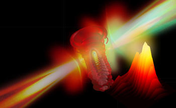Imagen que representa un electrón arrancado del átomo por el láser, lo que genera los rayos X. Imagen: Tenio Popmintchev, JILA and University of Colorado at Boulder.