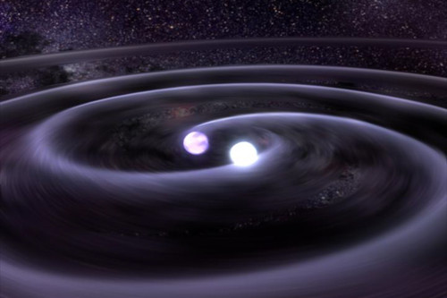 Ilustración de un sistema binario de estrellas de neutrones en proceso de fusión, con emisión de ondas gravitatorias (GSFC/D.Berry).