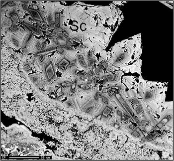 Cristales zonados de fosfoescorodita (Sc) al microscopio electrónico de barrido. Imagen: Ascensión Murciego.