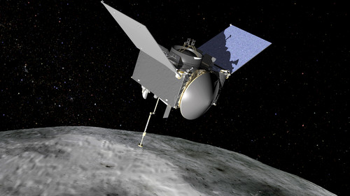 Diseño 3D de la sonda OSIRIS-REx en el asteroide Bennu. Crédito: NASA/Goddard Space Flight Center.