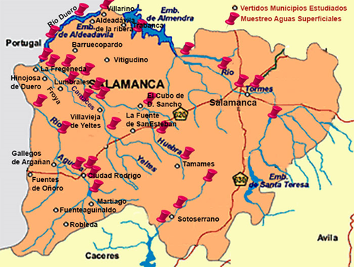 Puntos de estudio de aguas en la provincia de Salamanca. Imagen: CIDTA.
