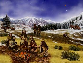 Neandertales ante el fuego. Imagen: UNED.