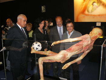 Gil Verona (drch), junto al alcalde de Valladolid y a la concejala de Cultura, Mercedes Cantalapiedra, observan una de las piezas plastinadas.