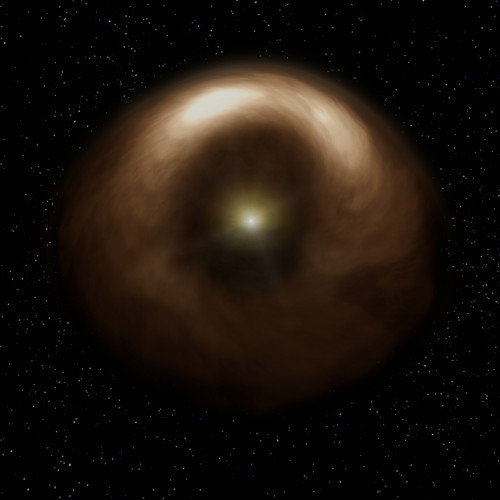 Representación artística de un anillo de polvo alrededor de la joven estrella HD 142527. El polvo existente alrededor de la estrella presenta una distribución asimétrica. Créditos: NAOJ
