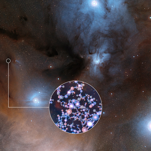 ALMA ha observado estrellas como el Sol en una etapa muy temprana de su formación y ha descubierto rastros de isocianato de metilo, un elemento químico básico para la vida.ESO/Digitized Sky Survey 2/L. Calçada.