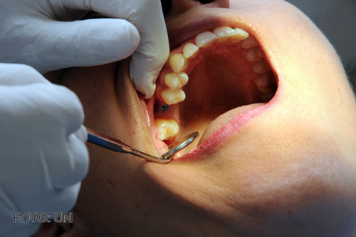 Un odontólogo observa la dentadura de una paciente.