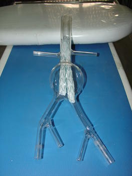 Detalle del modo en que se coloca la prótesis, con una reproducción de ensayo de la vena Aorta