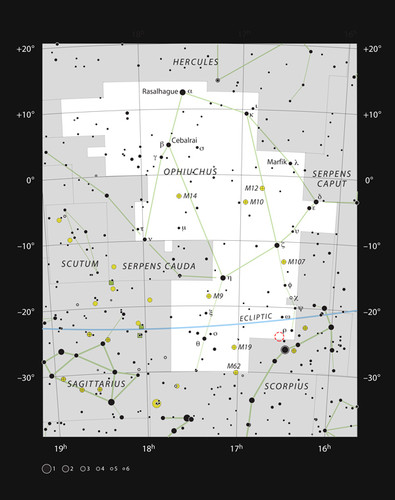 Este mapa muestra la ubicación de la región de formación estelar Rho Ophiuchi en la constelación de Ofiuco. Crédito: ESO, IAU and Sky & Telescope.