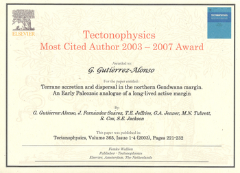 Diploma que acredita a Gabriel Gutiérrez como el autor más citado de 'Tectonophysics' en 2003-2007