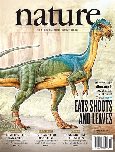Tapa de la revista Nature con la ilustración del Chilesaurio diegosuarezi. FOTO: CONICET