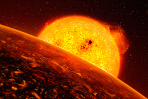 Imagem artística, com detalhe do exoplaneta Corot-7b. Este exoplaneta está tão próximo da sua estrela, que se encontra seguramente sujeito a condições extremas. O planeta tem cinco vezes a massa de Terra. Crédito: ESO/L. Calçada