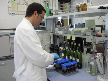 Un técnico de Itacyl manipula unas muestras de vino.
