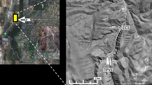 Ubicación geográfica del área de procedencia de los especímenes de Z. mays de TPV1 (Quebrada de Los Corrales, El Infiernillo, Tucumán). PV1 y PV2: Puesto Viejo; CC1: Cueva de Los Corrales 1.