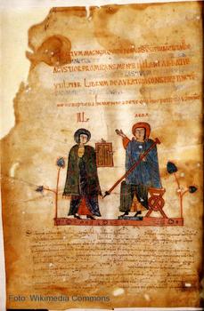 Folio del antifonario mozárabe de la catedral de León del siglo XI en el que muestra la entrega del copista Totmundo del documento al abad Ikila.