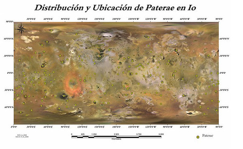 Distribución y ubicación de las pateras de Ío, que son la equivalencia de las calderas volcánicas en la Tierra. FOTO: DAVID TOVAR