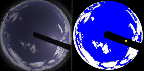 Imagen HDR del cielo obtenida en  Granada el 12 de mayo de 2017 a las 18:35 (izquierda), imagen de las nubes detectadas según el método propuesto, mostrando en azul las zonas sin nubes (derecha)/R.Román
