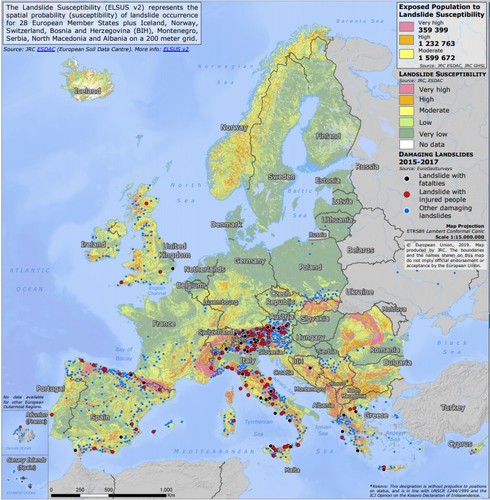 Mapa de riesgos por movimientos de ladera en Europa.