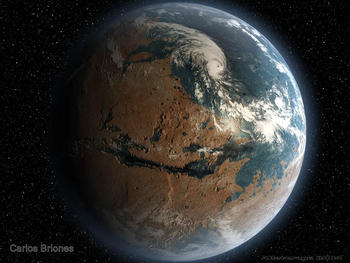 Marte estuvo probablemente cubierto por agua en gran parte de su superficie durante la misma época en que la vida comenzaba en la Tierra, hace unos 3.800 millones de años.