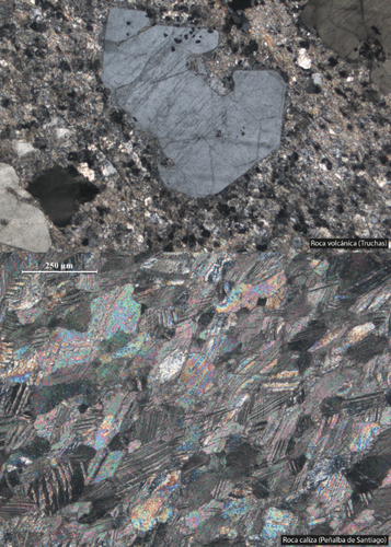 Láminas de microscopio de roca volcánica de Truchas (arriba) y calizas de Peñalba de Santiago. Foto: Javier Fernández Lozano.