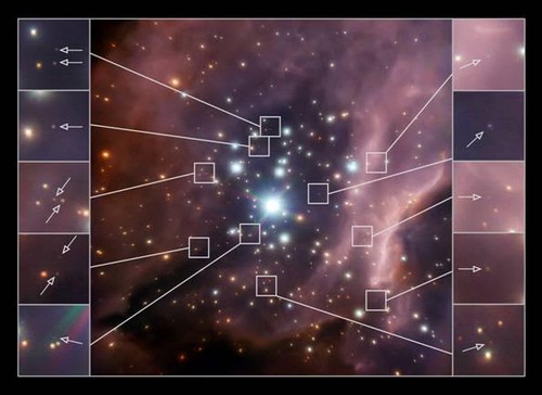Imagen en falso color en el infrarrojo cercano del cúmulo masivo RCW38, tomada por el instrumento NACO del Very Large Telescope (ESO). Cubre un área de 1,5 años luz, y destaca algunas de las candidatas a enanas marrones detectadas. Fuente: K. Muzic et.