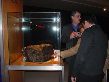 La concejala de Cultura, que inauguró la exposición, comprueba la textura del meteorito