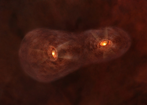Representación artística del joven sistema estelar gemelo IRAS 04191+1523. Créditos: ALMA (ESO/NAOJ/NRAO) 