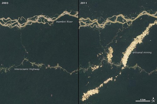 Las imágenes del satélite Landsat 5 muestran que la deforestación aumentó seis veces durante seis años en la región de Madre de Dios en Perú/NASA images by Robert Simmon