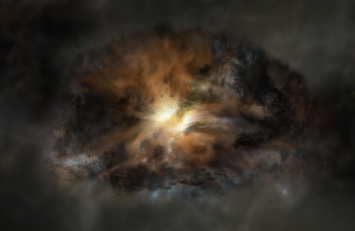 Representación artística de W2246-0526, una galaxia cuyo brillo infrarrojo es equivalente al de unos 350 billones de soles. Crédito: NRAO/AUI/NSF; Dana Berry / SkyWorks; ALMA (ESO/NAOJ/NRAO)