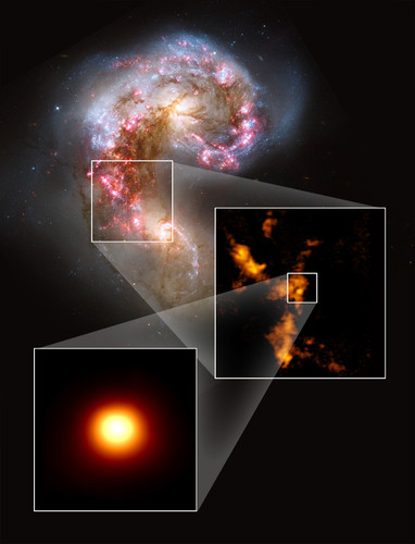 Las galaxias Antena observadas en luz visible con el telescopio espacial Hubble (superior), extensas nubes de gas molecular (derecha). (Inferior) Primer cúmulo globular en formación que se haya identificado. FOTO: ALMA