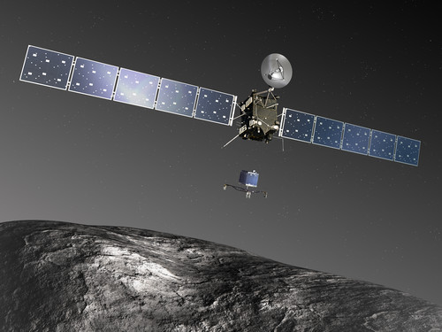 Rosetta estudia el cometa 67P. Al fondo la sonda Philae desciende hacia la superficie.