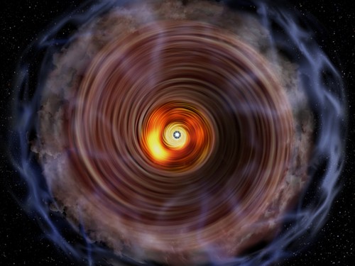 Representación artística del disco de gas y de la bolsa de gas que rodea la protoestrella masiva G353.273+0.641/NAOJ