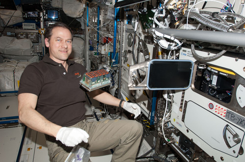 El astronauta Tom Mashburn, en la ISS, con el experimento Seedling Growth. /NASA