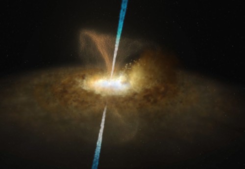 Núcleo galáctico activo. Impresión artística del núcleo activo de una galaxia, rodeado por un disco de acreción o crecimiento compuesto por polvo y gas./ Imagen: ESO.