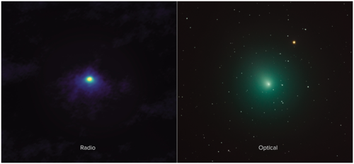 Comparación lado a lado entre la imagen de ALMA del cometa 46P / Wirtanen (izquierda) y la imagen óptica del mismo (derecha)/Crédito: ALMA (ESO / NAOJ / NRAO), M. Cordiner, NASA / CUA; Derek Demeter, Emil Buehler Planetarium