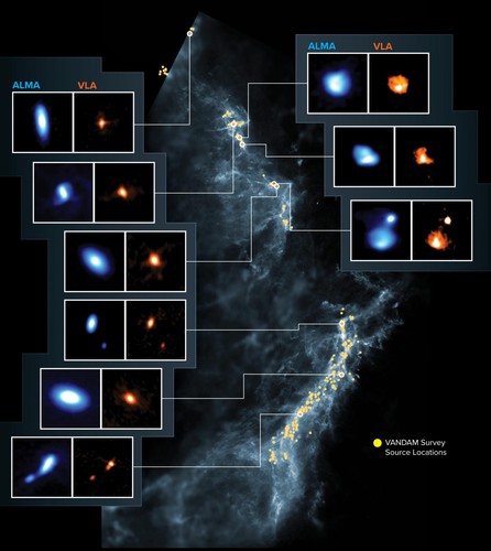 Nubes moleculares de Orión. Crédito: ALMA (ESO / NAOJ / NRAO), J. Tobin; NRAO / AUI / NSF, S. Dagnello; Herschel / ESA.